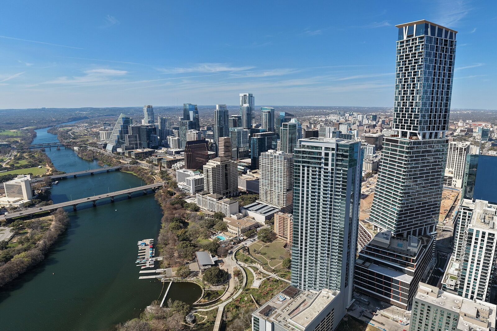 Aerial view of the Austin skyline along Lady Bird Lake